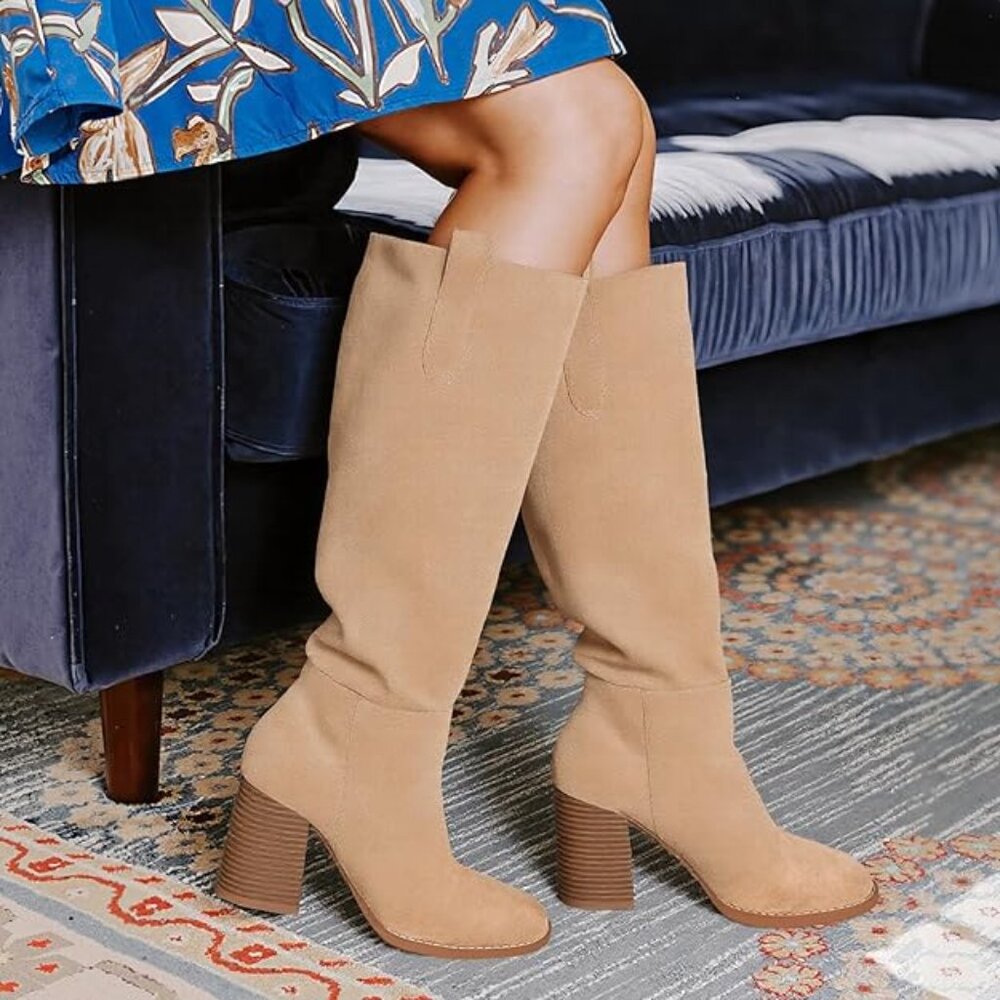 Knee High Boots Chunky Round Toe Womens Comfortable Trendy Suede Long Dress Boot